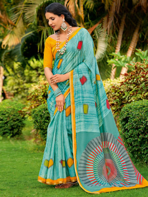 Anouk Rustic Printed Tant Cotton Blend Saree(Light Blue)