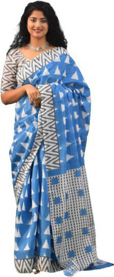 Tropwear Printed, Self Design, Digital Print, Hand Painted, Blocked Printed Sambalpuri Pure Cotton Saree(Blue)
