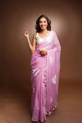 valida Floral Print Handloom Pure Cotton Saree(Pink)