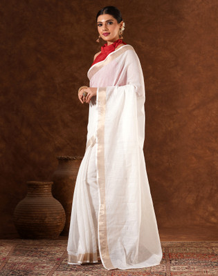 Divastri Solid/Plain Kasavu Linen Saree(White)