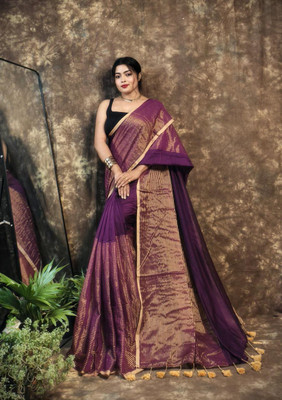 BBSaree Printed Handloom Khadi Saree(Purple, Gold)