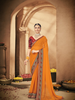 RekhaManiyar Woven Bollywood Georgette Saree(Orange)