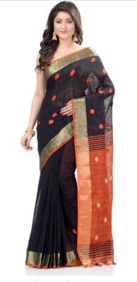 Tanisha Saree House Woven Handloom Pure Cotton Saree(Black, Orange)