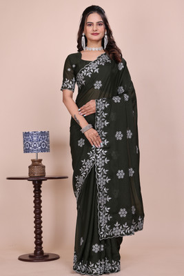 niesha fashion Embroidered Bollywood Chiffon Saree(Dark Green)