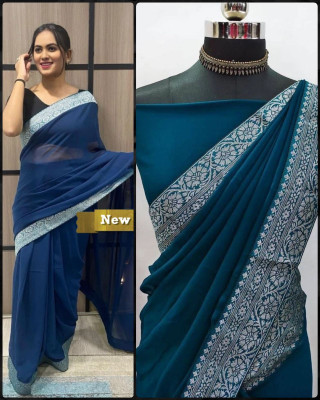 MM VENTURE Solid/Plain Bollywood Georgette Saree(Blue)