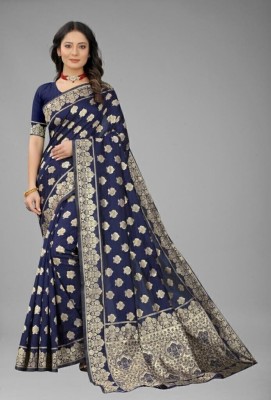 AMK FASHION Woven, Embellished, Solid/Plain, Printed, Floral Print, Digital Print, Dyed Banarasi Art Silk, Cotton Silk Saree(Dark Blue)