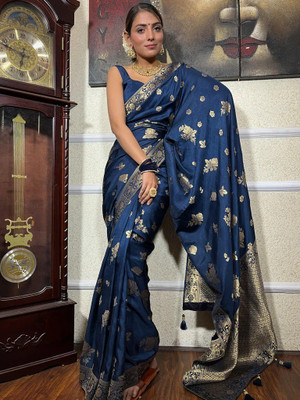 khodal creation Printed Kanjivaram Jacquard Saree(Dark Blue)
