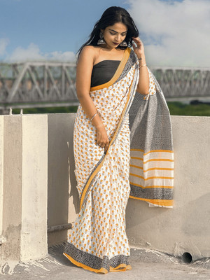 Anouk Rustic Printed Ikkat Cotton Blend Saree(White)