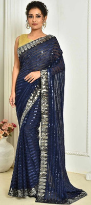 zili Embroidered, Striped Bollywood Georgette Saree(Blue)
