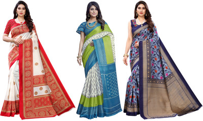 YASHIKA Printed, Woven Daily Wear Art Silk Saree(Pack of 3, Red, White, Blue)