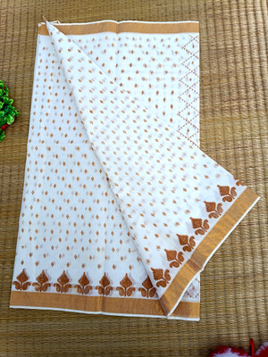 Happy Creation Printed, Striped Tant Pure Cotton, Cotton Blend Saree(White)