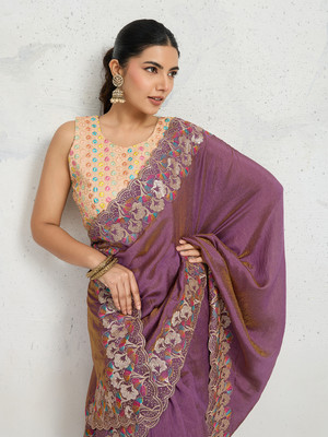 Tasrika Embroidered Saree with Attached Blouse Silk Blend Saree(Purple)