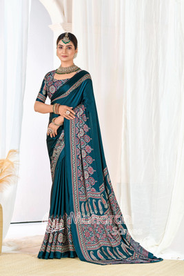 MITRACREATION Printed Bollywood Satin Saree(Blue)