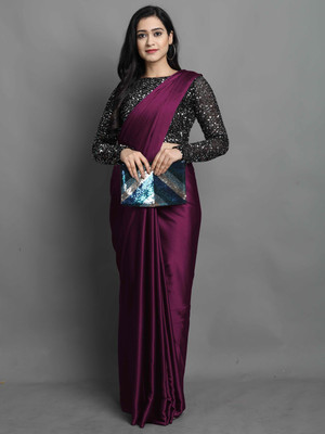 VILLAGIUS Solid/Plain Bollywood Silk Blend, Satin Saree(Magenta)