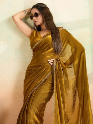 HouseOfCommon Solid/Plain Bollywood Chiffon, Pure Silk Saree(Mustard)