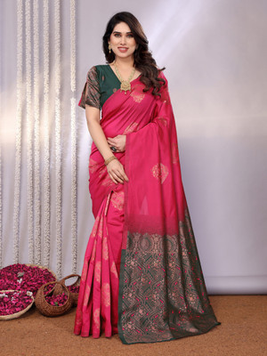 supremesarees Woven Banarasi Jacquard, Cotton Silk Saree(Pink)