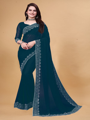 RUKHA FAB Self Design Daily Wear Georgette, Pure Silk Saree(Blue)