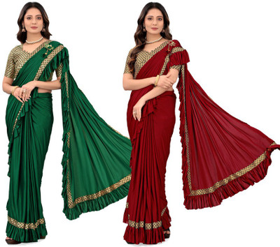 HARIOM FASHION Solid/Plain Bollywood Lycra Blend Saree(Pack of 2, Multicolor)