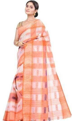 Sthaker Self Design Tant Cotton Blend Saree(Orange, White)