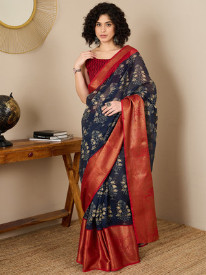 Divastri Printed Chinnalapattu Cotton Blend Saree(Dark Blue)