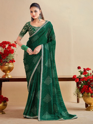 RAJESHWAR FASHION Printed Bandhani Silk Blend Saree(Green)
