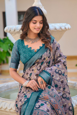 Vinayak Textile Printed Bollywood Linen Saree(Beige)