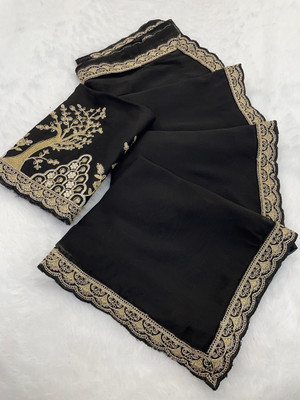 K 5 FASHION Solid/Plain Bollywood Chiffon Saree(Black)