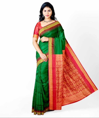 Cirkirow Temple Border, Solid/Plain Sambalpuri Handloom Pure Silk Saree(Green)