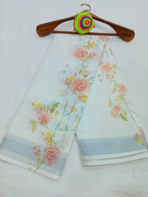 MAANVIT Self Design Kanjivaram Linen, Cotton Linen Saree(White)