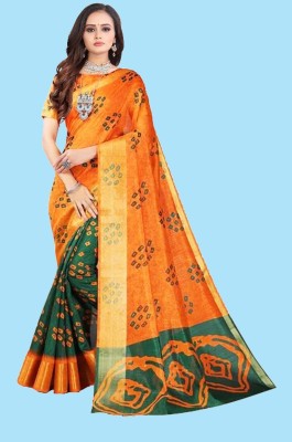 ASMYRA Printed Bandhani Cotton Linen Saree(Green, Orange)