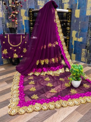 KHRITI FAB Embroidered, Floral Print Bollywood Net Saree(Purple)