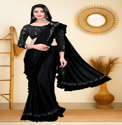 V2B ENTERPRISE Solid/Plain Bollywood Lycra Saree(Black)