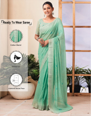 Satrani Printed, Embellished, Striped Jamdani Cotton Blend Saree(Light Green)