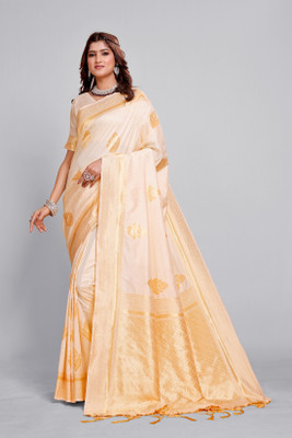DHAYNAAND REEWA FASHION Woven, Embellished Kanjivaram Georgette Saree(Beige)