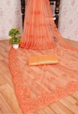 NIYANTAKSH Embroidered Bollywood Net Saree(Orange)