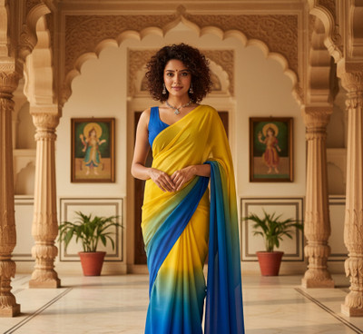 Clothera Ombre Daily Wear Georgette Saree(Yellow, Blue)