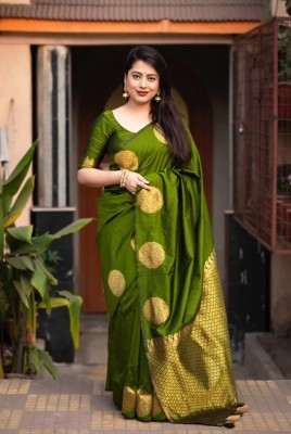 Priniti Printed, Applique, Embellished, Solid/Plain, Temple Border, Floral Print, Paisley Dharmavaram Cotton Silk, Pure Silk Saree(Light Green)