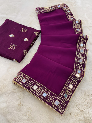 PRETTYAGE Embellished, Solid/Plain Banarasi Georgette Saree(Purple)