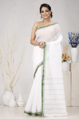 DipDiya Solid/Plain, Woven Tant Pure Cotton Saree(White, Green)