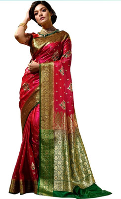 EMCOSAREE Embroidered Banarasi Satin Saree(Dark Green)