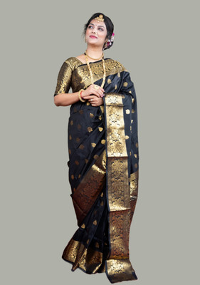 Pdfabrics Self Design Kanjivaram Art Silk Saree(Black)