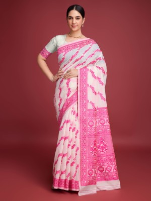 DIVINE DUST Printed Jamdani Cotton Linen Saree(White, Pink)