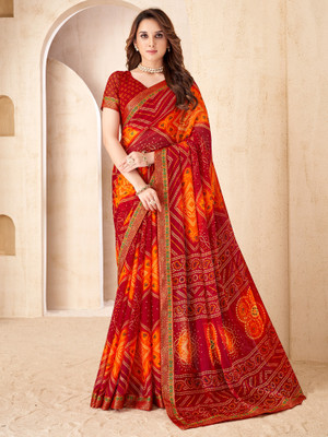 Anouk Rustic Embellished Bandhani Chiffon Saree(Red)