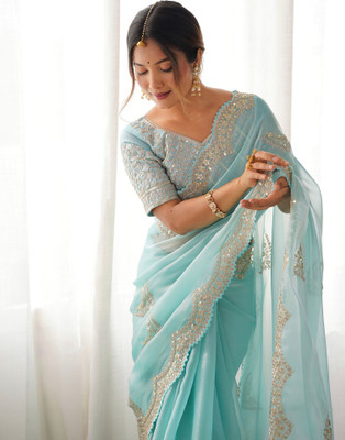 Satrani Embroidered Bollywood Tissue, Silk Blend Saree(Blue)