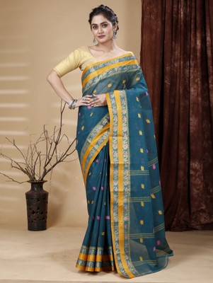 Bong ButiQ Woven Tant Pure Cotton Saree(Dark Green)