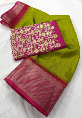 Dhanlaxmi CreationLLP Woven, Striped, Solid/Plain Bollywood Muslin Saree(Green)