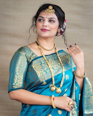 Parangi-A planet of style Woven Banarasi Cotton Silk Saree(Blue)