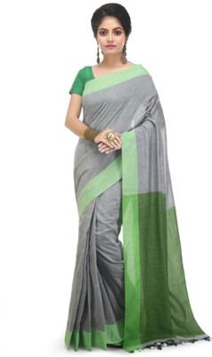 Balorampal Solid/Plain Handloom Pure Cotton Saree(Green, Grey)