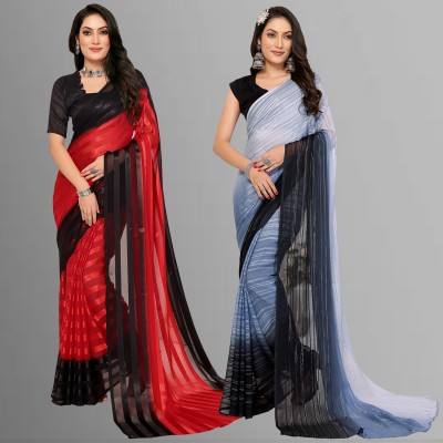 Anand Sarees Self Design Bollywood Satin Saree(Pack of 2, Black, Red, Grey)