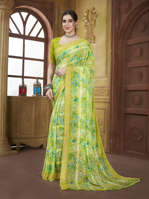 Vichitra Floral Print Bollywood Georgette Saree(Light Green)